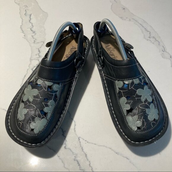 Alegria Shoes - ALEGRIA Sz 36 PG Lite Slide Clog Slingback Black Teal/Gray Floral Cutout Sandals